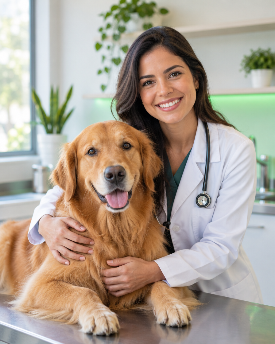 Veterinária sorrindo segurando um cachorro dourado no colo