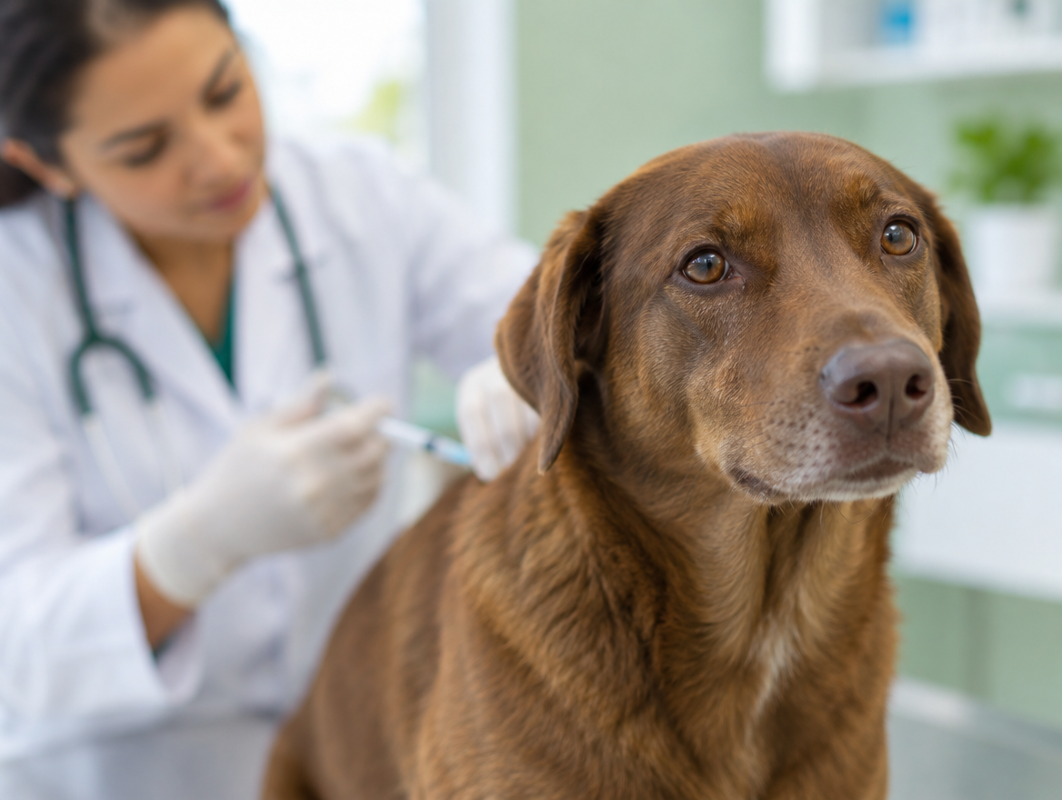 Veterinária aplicando vacina antirrábica em um cachorro