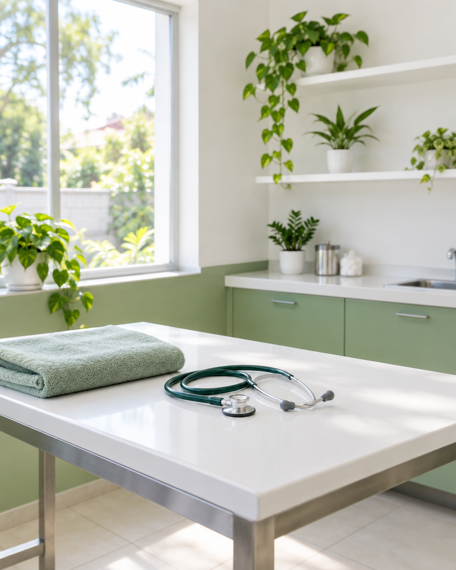 Sala de atendimento da clínica, clara, com mesa de exame e plantas
