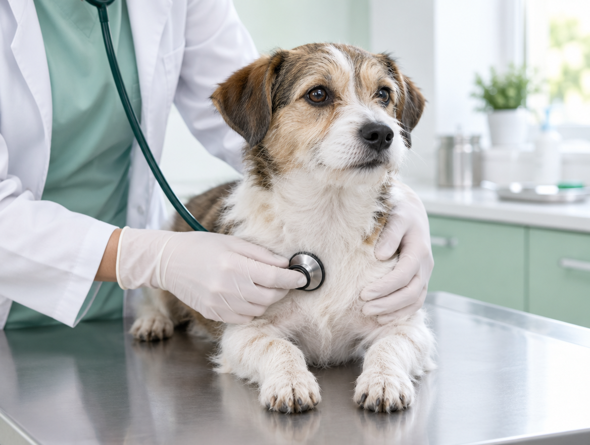 Mãos de luva examinando um cachorro com estetoscópio