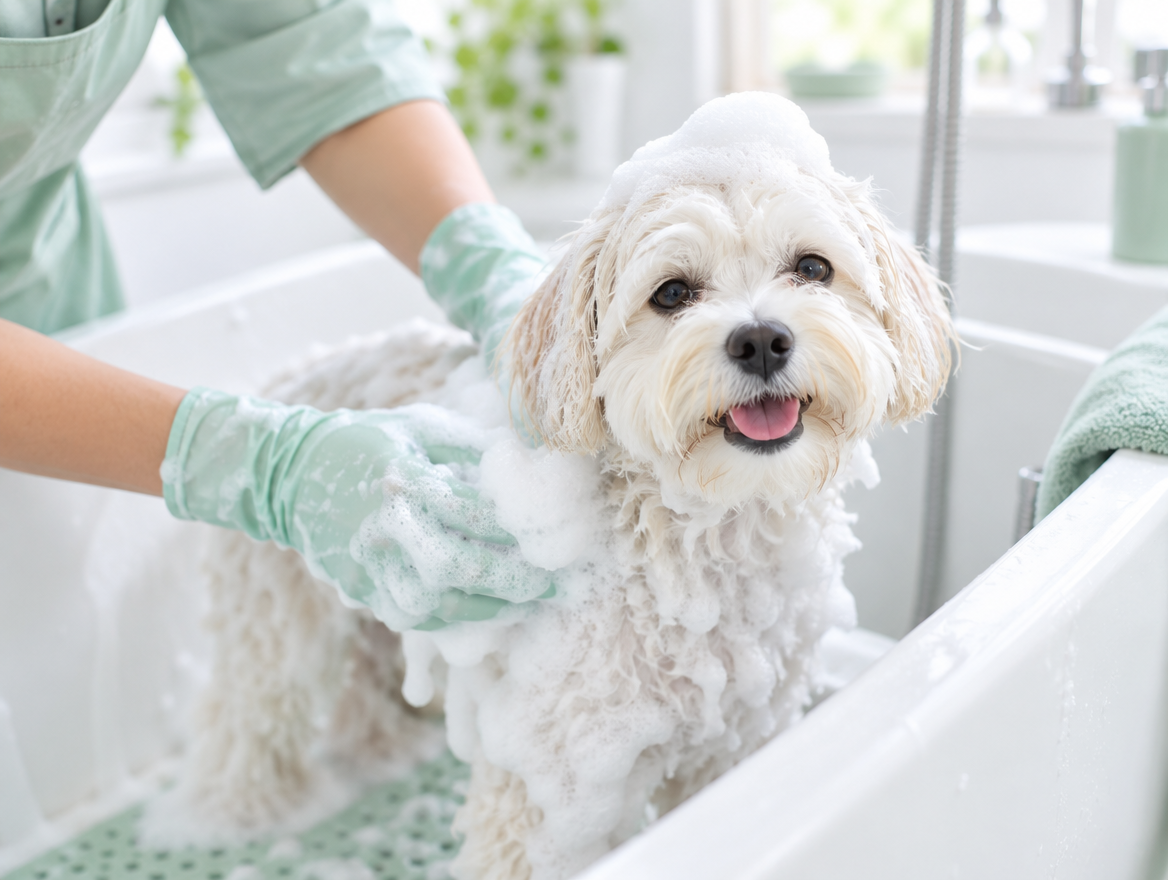 Cachorro pequeno com espuma durante o banho