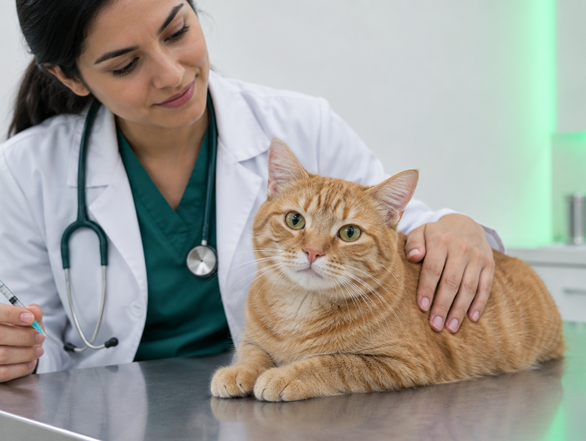 Veterinária aplicando vacina em um gato