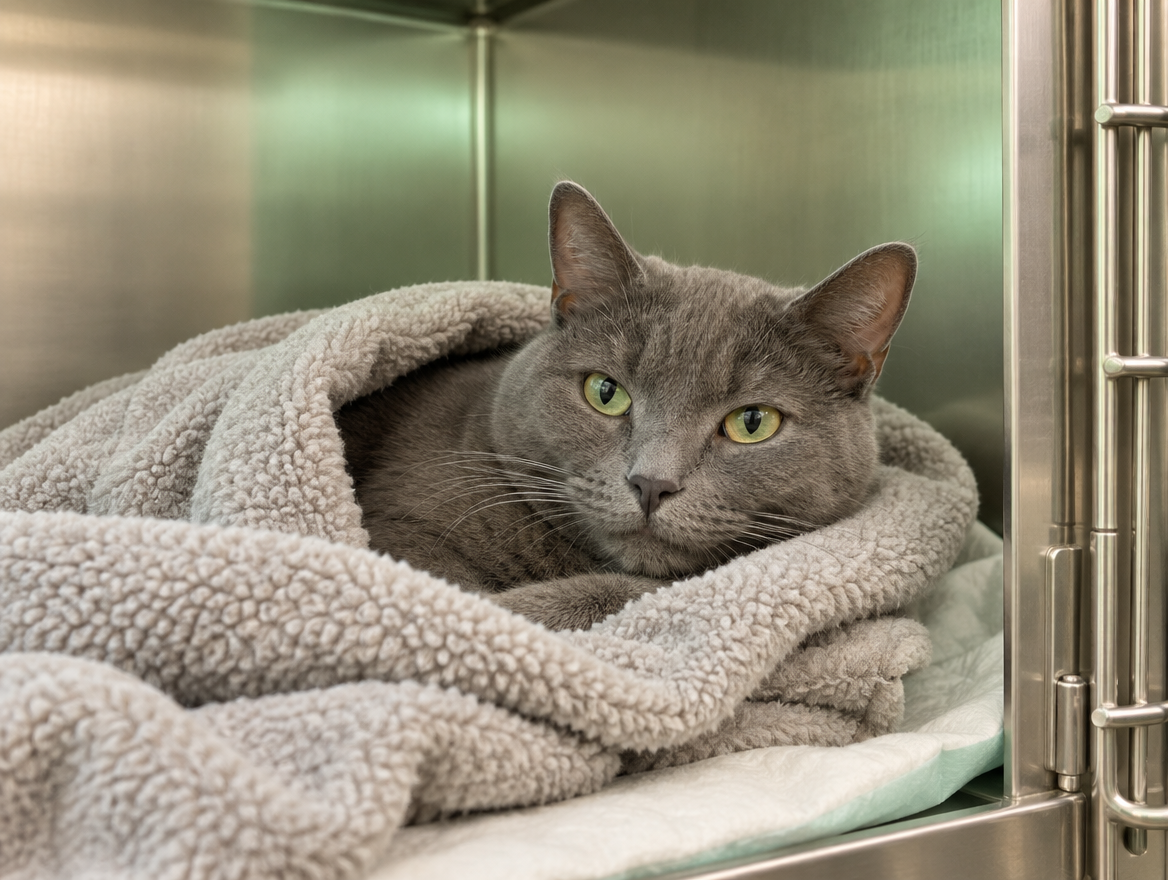 Gato descansando em recuperação na clínica