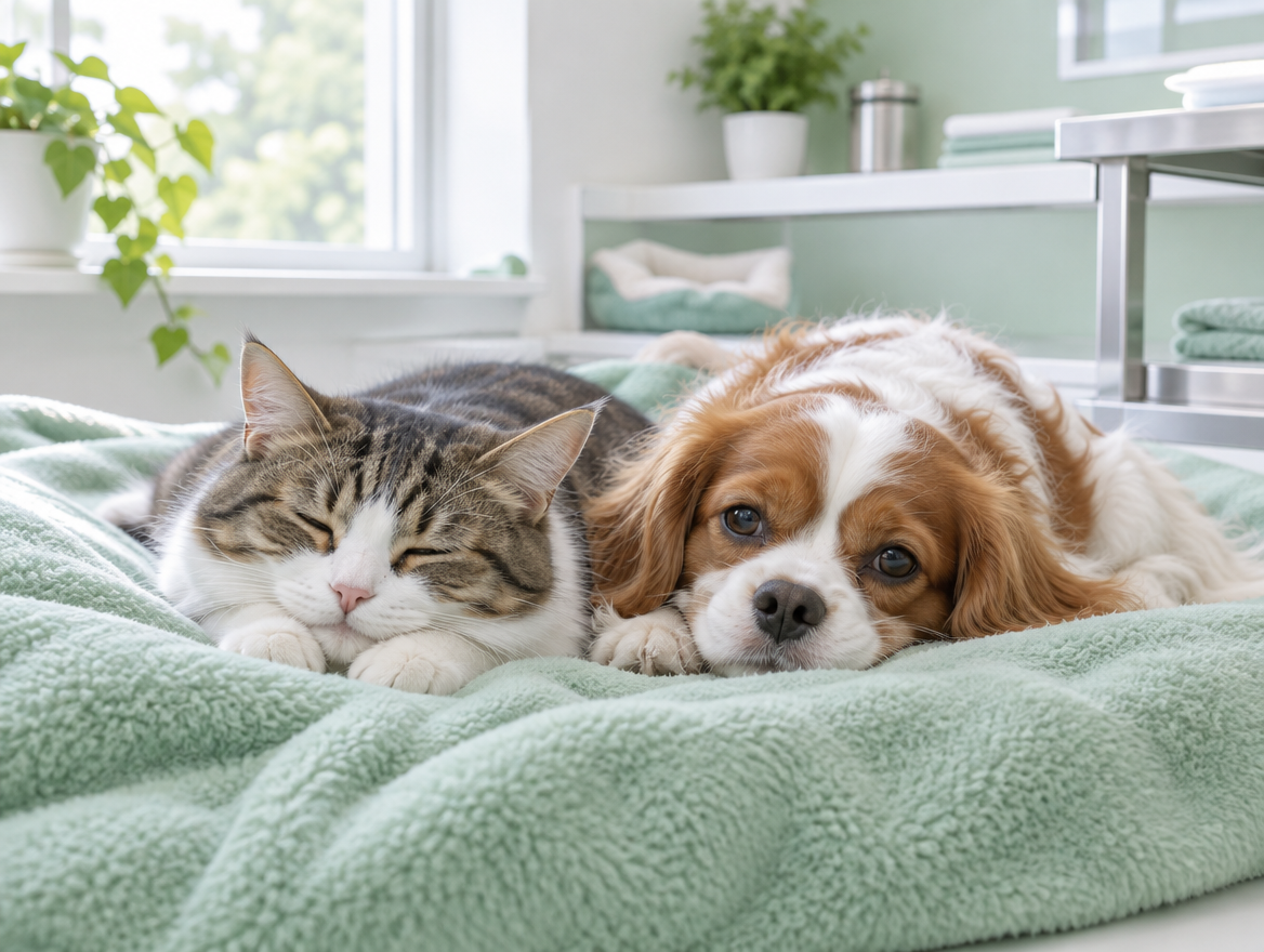 Gato e cachorro descansando sobre manta verde