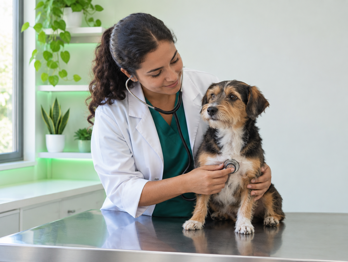 Veterinária examinando um cachorro com estetoscópio